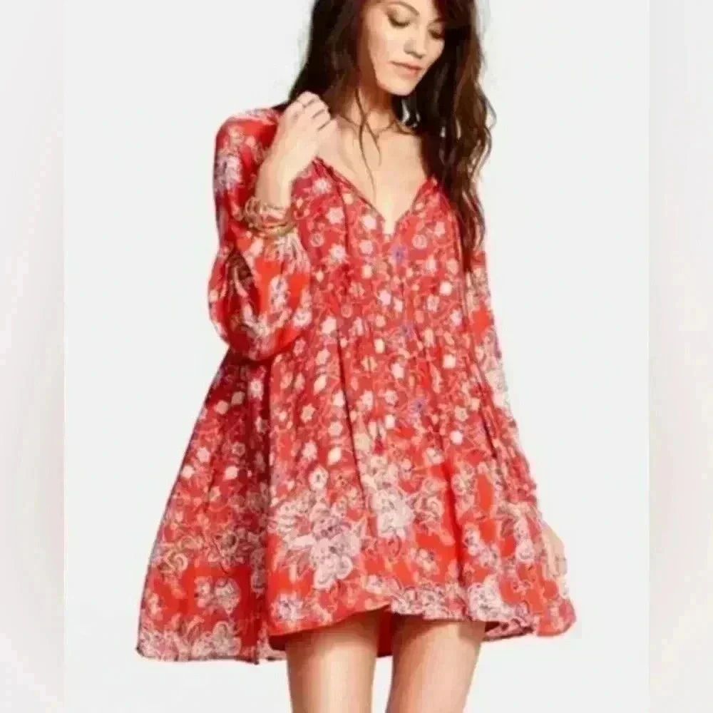 Free People | Lucky Loosey Tunic Top Mini Dress, Blood Orange Combo
